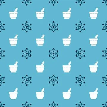 Set Atom and Mortar and pestle on seamless pattern. Vector Illustrazione stock