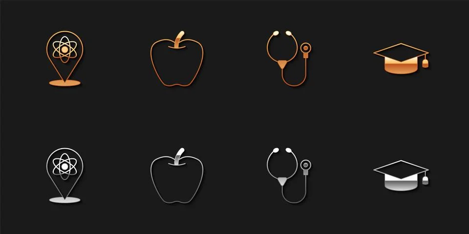 Set Atom, Apple, Stethoscope and Graduation cap icon. Vector Stock Illustration