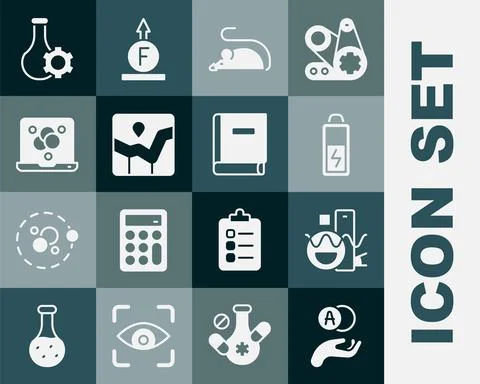 Set Atom, Basic geometric shapes, Battery, Experimental mouse, Graph chart Illustrazione stock