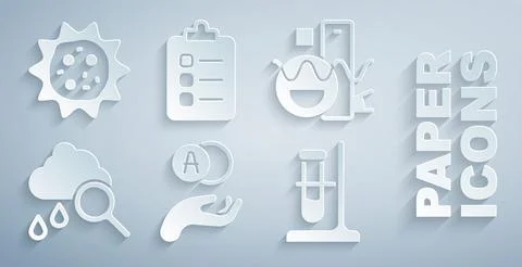 Set Atom, Basic geometric shapes, Cloud with rain, Test tube flask on stand, To Illustrazione stock