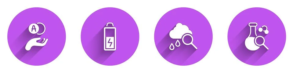 Set Atom, Battery, Cloud with rain and Test tube icon with long shadow. Vector Illustrazione stock