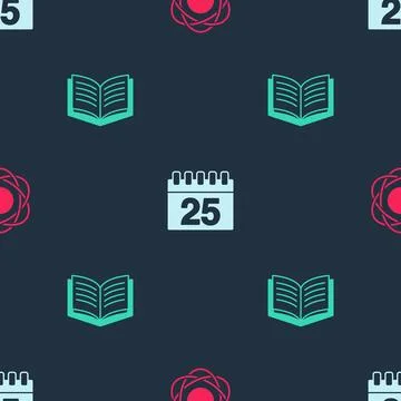 Set Atom, Calendar and Open book on seamless pattern. Vector イラスト素材