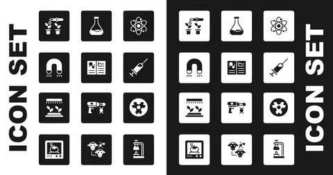 Set Atom, Clinical record, Magnet, Pipette and plant, Syringe, Test tube flask Stockillustratie