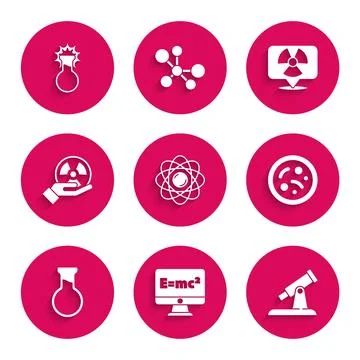 Set Atom, Equation solution, Telescope, Bacteria, Test tube and flask, Radi.. Ilustração Stock
