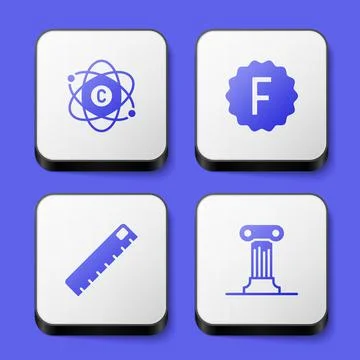 Set Atom, Exam paper with incorrect answers, Ruler and Law pillar icon. White Stock Illustration