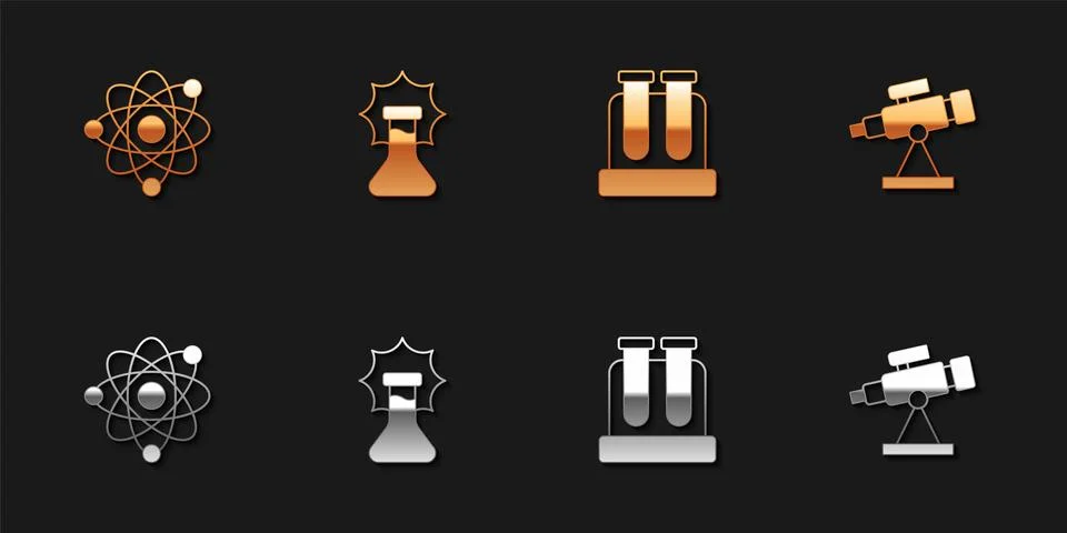 Set Atom, Explosion in the flask, Test tube and Telescope icon. Vector Stock Illustration