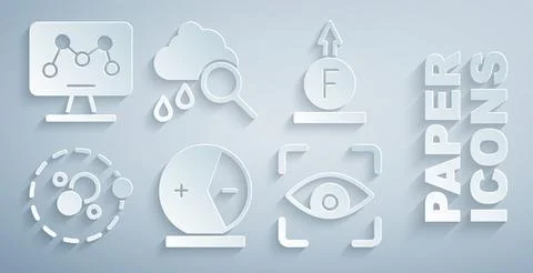 Set Atom, Force of physic formula, Eye scan, Cloud with rain and Genetic Stock Illustration