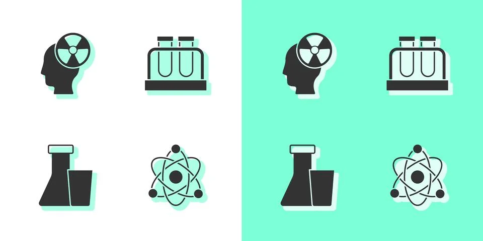 Set Atom, Head and radiation symbol, Test tube flask and icon. Vector Stock Illustration