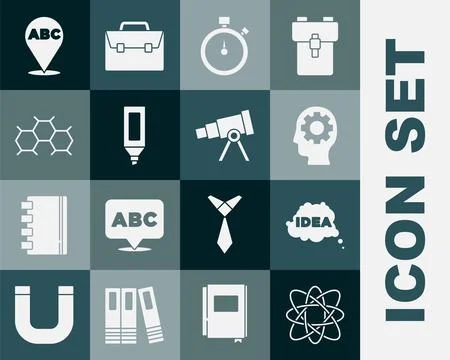 Set Atom, Idea, speech bubble, Head with gear inside, Stopwatch, Marker pen.. Stock Illustration