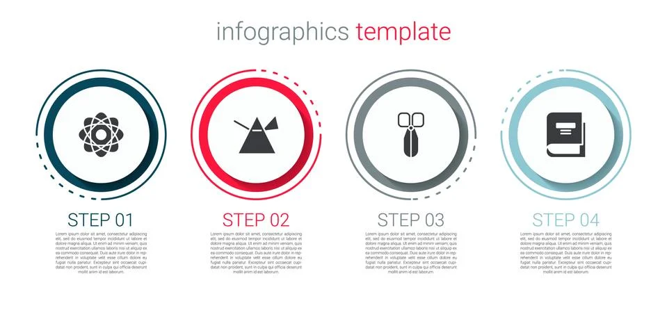 Set Atom, Light rays in prism, Scissors and Book. Business infographic template イラスト素材