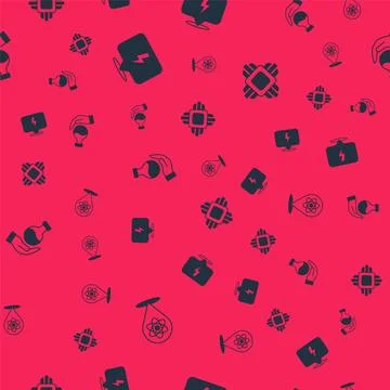 Set Atom, Lightning bolt, Test tube and Processor CPU on seamless pattern Stock Illustration