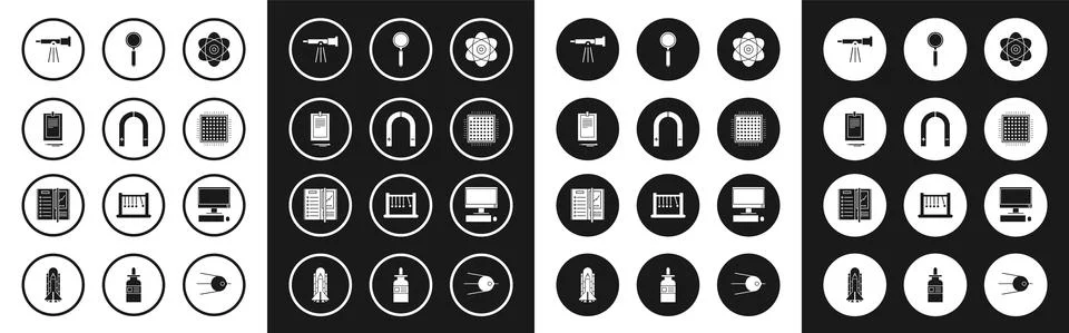 Set Atom, Magnet, Clipboard with document, Telescope, Processor, Magnifying Stock Illustration