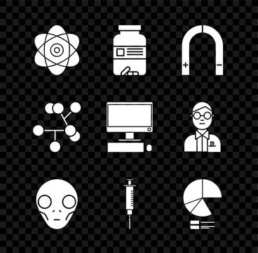Set Atom, Medicine bottle and pills, Magnet, Extraterrestrial alien face, S.. Stock Illustration