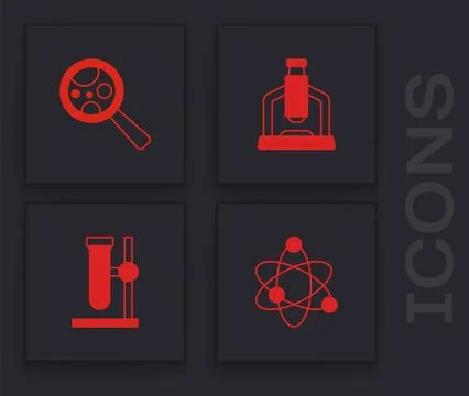 Set Atom, Microorganisms under magnifier, Microscope and Test tube flask on.. 스톡 일러스트