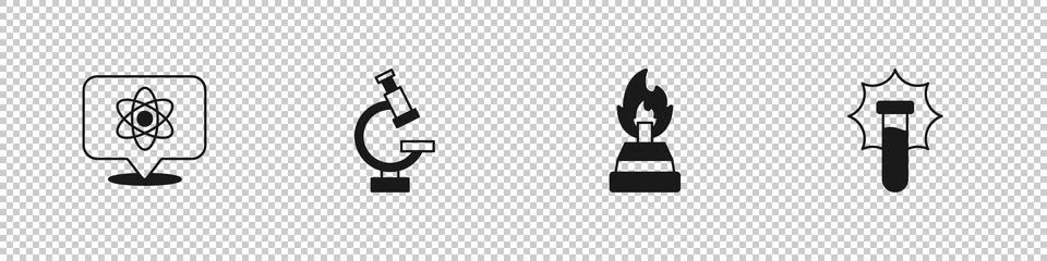 Set Atom, Microscope, Alcohol or spirit burner and Explosion in the flask i.. Stock Illustration