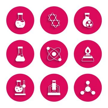 Set Atom, Microscope, Molecule, Alcohol or spirit burner, Test tube flask on Stock Illustration