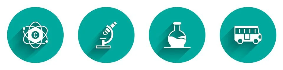 Set Atom, Microscope, Test tube and School Bus icon with long shadow. Vector 스톡 일러스트