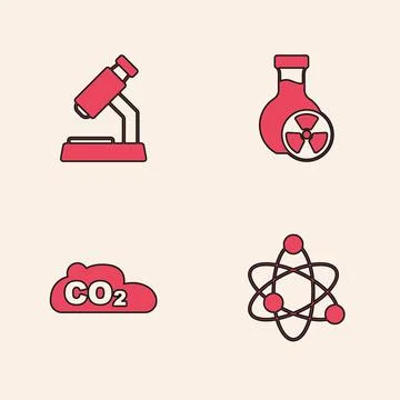 Set Atom, Microscope, Test tube with toxic liquid and CO2 emissions in cloud Stock Illustration