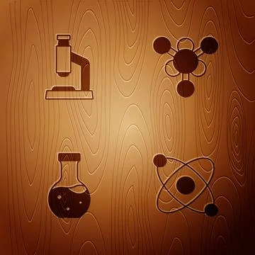 Set Atom, Microscope, Test tube and Molecule on wooden background. Vector Illustrazione stock