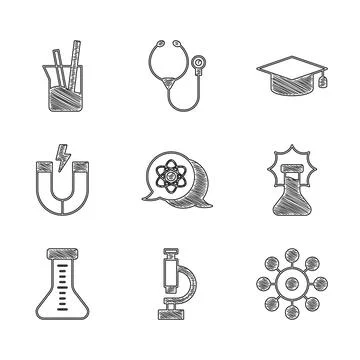 Set Atom, Microscope, Virus, Explosion in the flask, Test tube, Magnet Stock Illustration