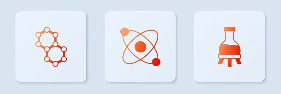Set Atom, Molecule and Test tube. White square button. Vector Stock Illustration