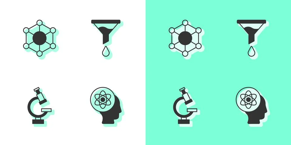 Set Atom, Molecule, Microscope and Funnel or filter icon. Vector Illustrazione stock