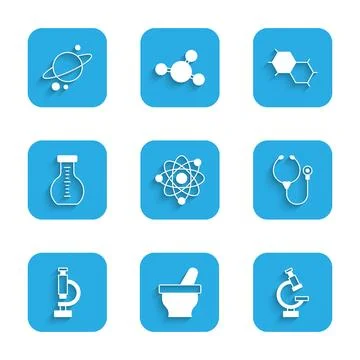 Set Atom, Mortar and pestle, Microscope, Stethoscope, Test tube, Chemical f.. 스톡 일러스트