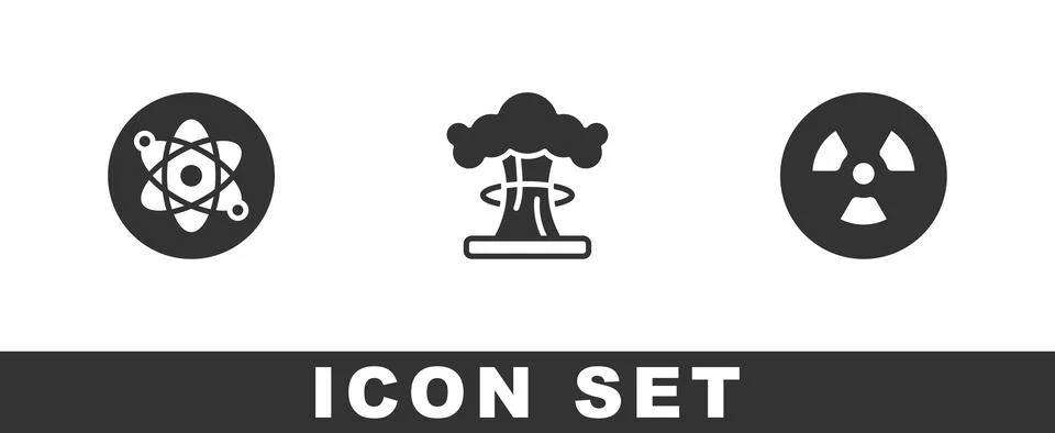 Set Atom, Nuclear explosion and Radioactive icon. Vector Stock Illustration