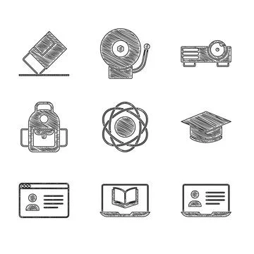 Set Atom, Online class, Graduation cap, School backpack, Movie, film, media Stock Illustration
