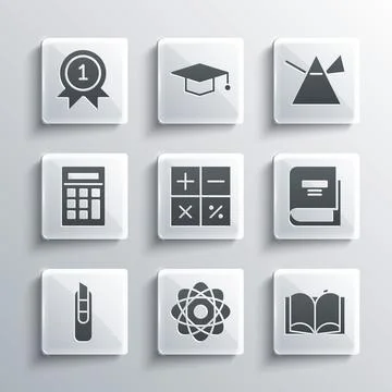 Set Atom, Open book, Book, Calculator, Stationery knife, Medal and Light rays in Illustrazione stock