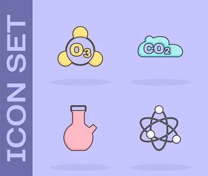 Set Atom, Ozone, Test tube and CO2 emissions in cloud icon. Vector イラスト素材