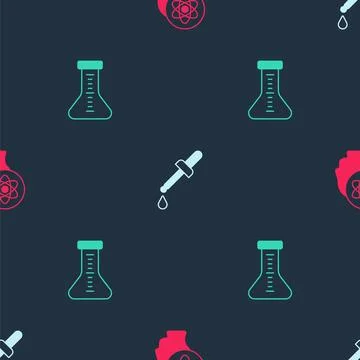 Set Atom, Pipette and Test tube on seamless pattern. Vector Stock Illustration