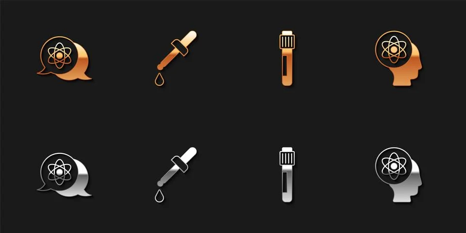 Set Atom, Pipette, Test tube and  icon. Vector Stock Illustration