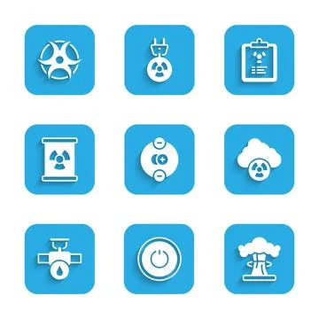 Set Atom, Power button, Nuclear explosion, Acid rain and radioactive cloud Illustrazione stock
