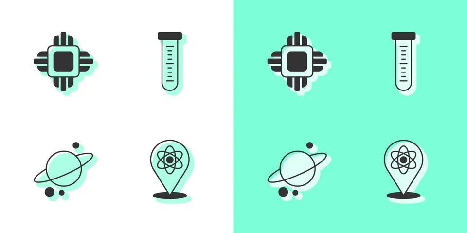 Set Atom, Processor CPU, Planet Saturn and Test tube icon. Vector イラスト素材