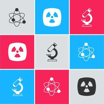 Set Atom, Radioactive and Microscope icon. Vector Illustrazione stock
