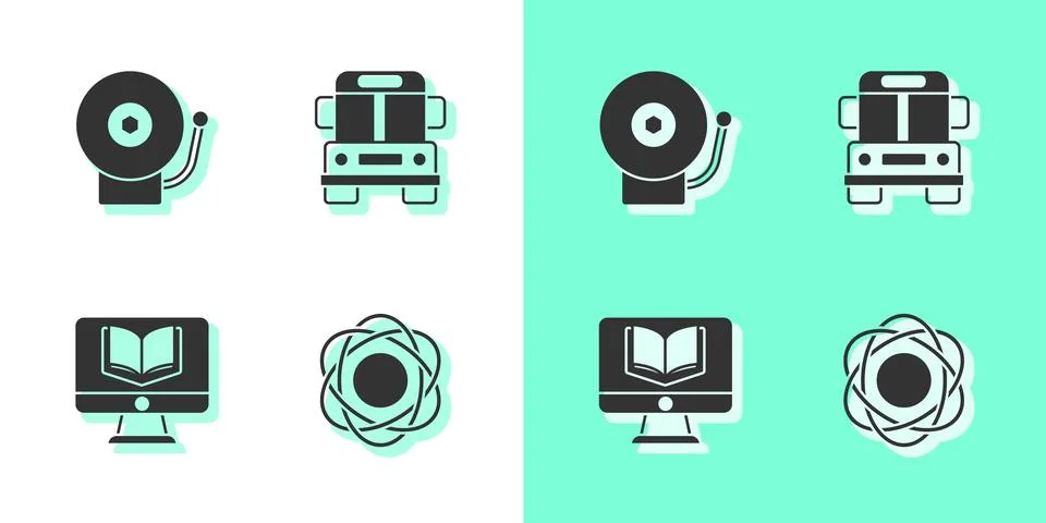 Set Atom, Ringing alarm bell, Online class and School Bus icon. Vector Stock Illustration