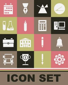 Set Atom, Ringing bell, Computer monitor, Light rays prism, Marker pen, Test Stock Illustration