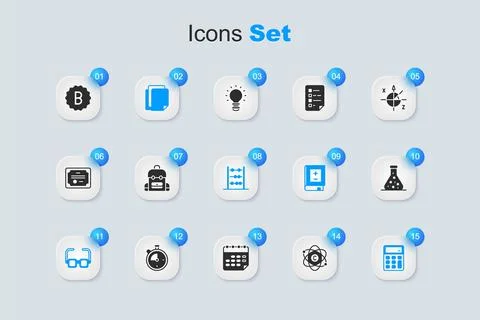 Set Atom, School backpack, File document, Glasses, Calculator, Test tube, E.. 스톡 일러스트