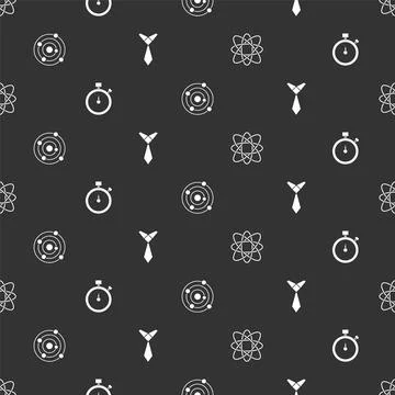 Set Atom, Stopwatch, Solar system and Tie on seamless pattern. Vector Stock Illustration