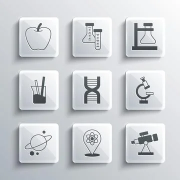 Set Atom, Telescope, Microscope, DNA symbol, Planet Saturn, Laboratory glassware Illustrazione stock