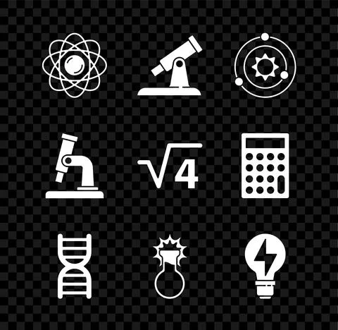 Set Atom, Telescope, Solar system, DNA symbol, Test tube and flask, Light bulb Stock Illustration
