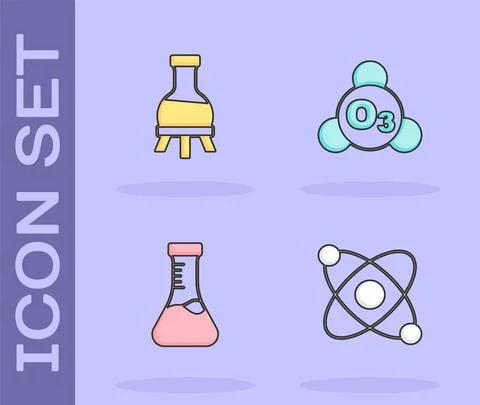 Set Atom, Test tube, and Ozone icon. Vector Illustrazione stock