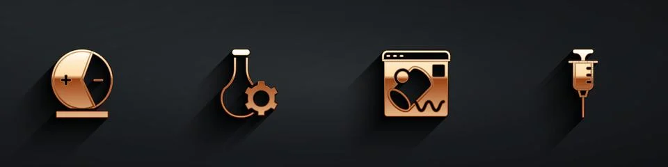 Set Atom, Test tube, Data visualisation and Syringe icon with long shadow Stock Illustration