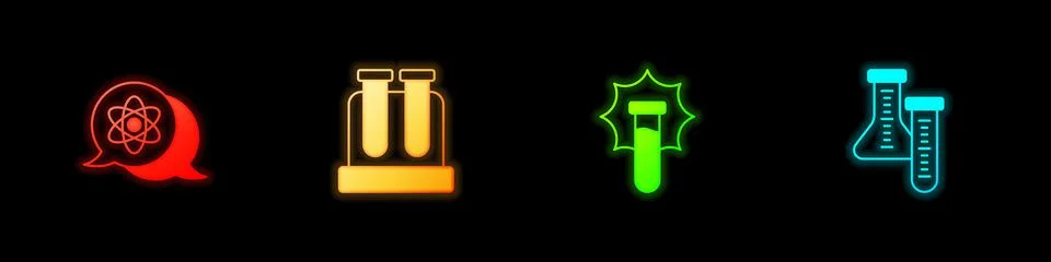 Set Atom, Test tube, Explosion in the flask and  icon. Vector Stock Illustration