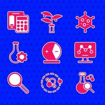 Set Atom, Test tube, Genetic engineering, Magnifying glass, Virus and Calcu.. Stock Illustration