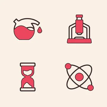Set Atom, Test tube, Microscope and Old hourglass icon. Vector 스톡 일러스트