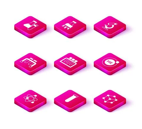Set Atom, Test tube, Molecule, Helium, Microscope and icon. Vector Stock Illustration