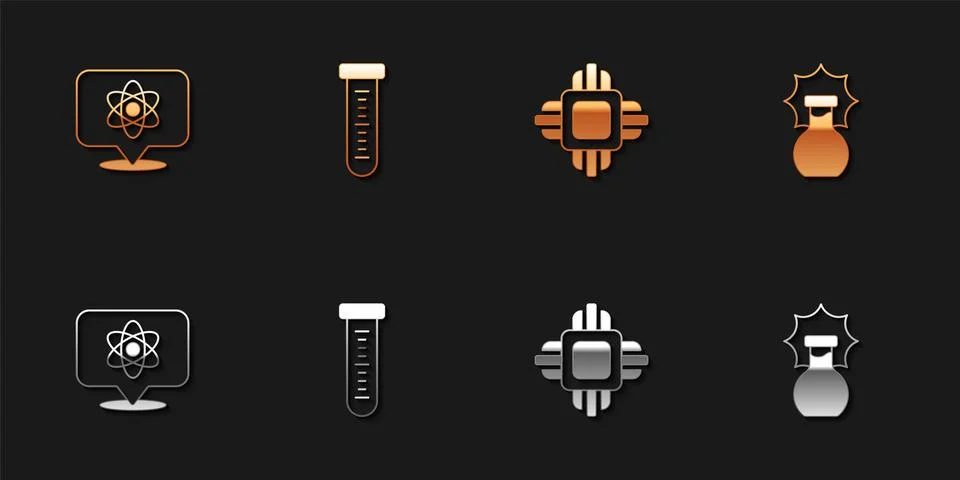 Set Atom, Test tube, Processor CPU and Explosion in the flask icon. Vector Stock Illustration