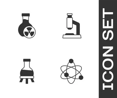 Set Atom, Test tube with toxic liquid, and Microscope icon. Vector 库存插图